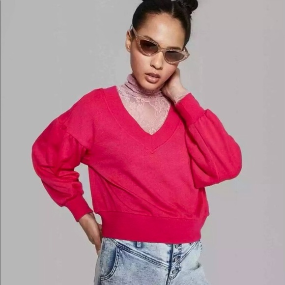 Wild Fable Pink Balloon Sleeve Cropped V-Neck Sweatshirt - Picture 2 of 11